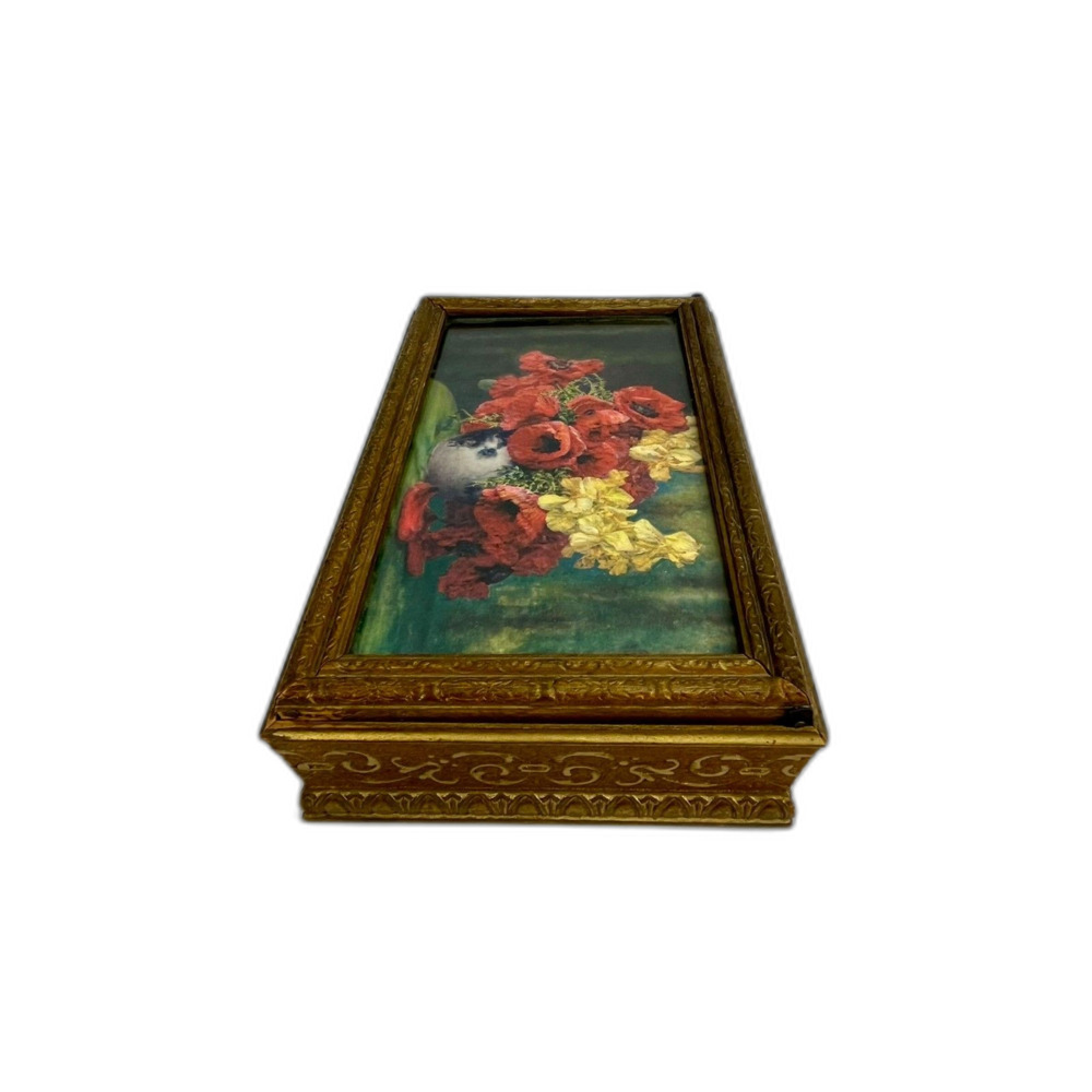 VTG Floral Wooden Jewelry Trinket Box Hinged Ornate Victorian Rose Vanity - Picture 3 of 10